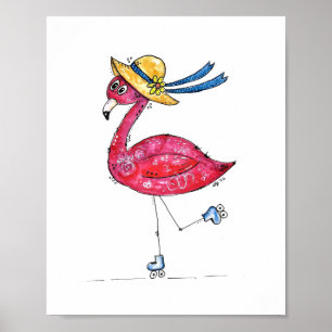 Cute and Whimsical Pink Flamingo on Skates Poster