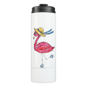 Cute and Whimsical Pink Flamingo on Skates Thermal Tumbler