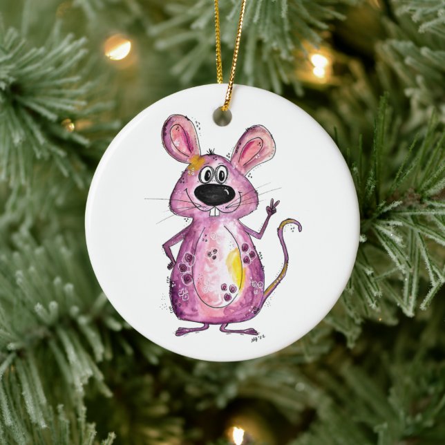 Cute and Whimsical Purple Mouse Ceramic Ornament (Tree)