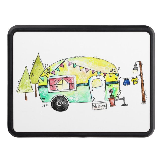 Cute and Whimsical Retro Happy Camper Trailer Hitch Cover (Front)