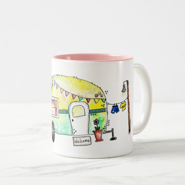 Cute and Whimsical Retro Happy Camper Two-Tone Coffee Mug (Front Right)