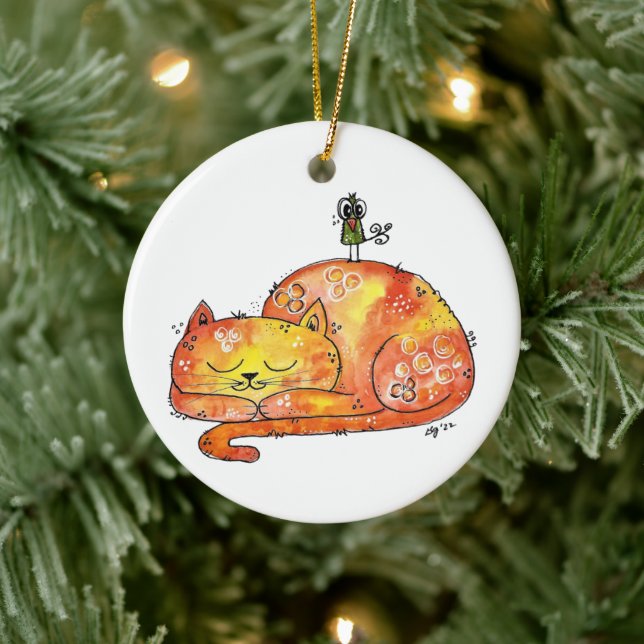 Cute and Whimsical Sleeping Cat Ceramic Ornament (Tree)