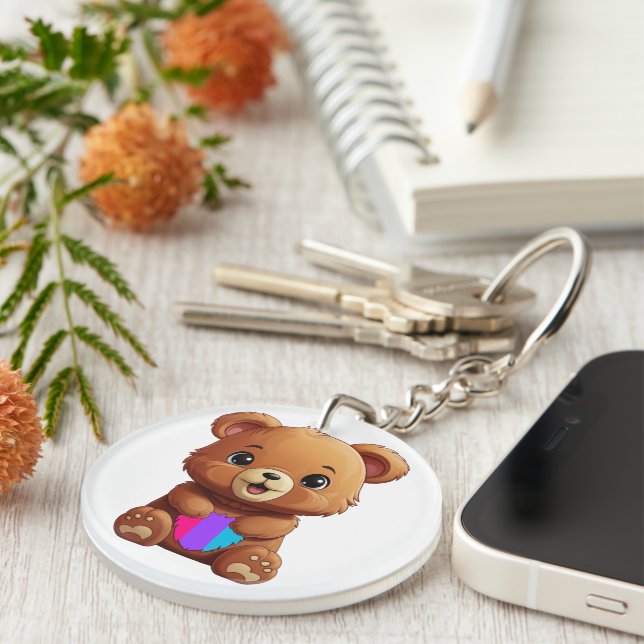 Cute Androgynous Pride Flag Bear Holding Heart Keychain (Front Right)