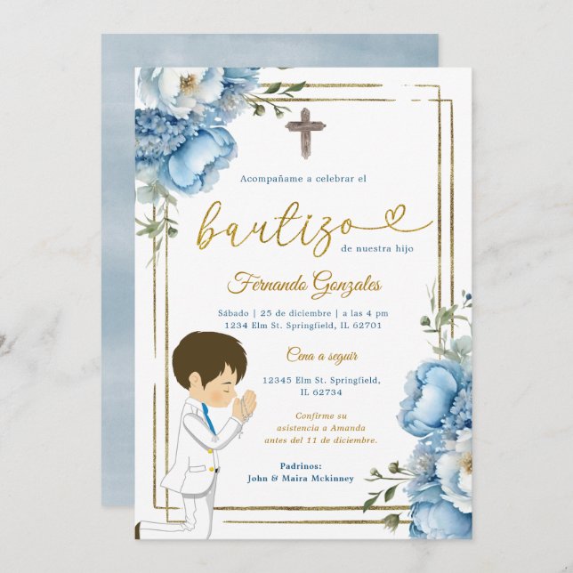 Cute Angel Boy Spanish Bautizo Dusty Blue Gold Invitation (Front/Back)