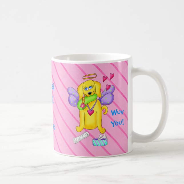 Cute Angel Dog Personalized Name Pink Coffee Mug (Right)