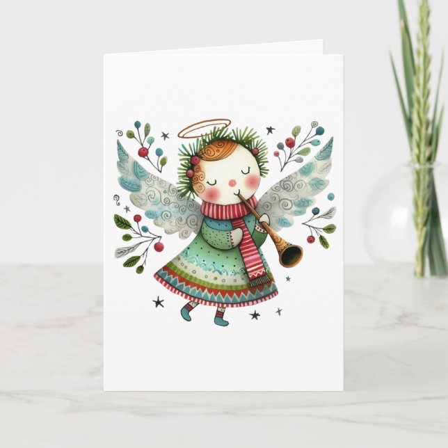Cute Angel Folk Art Style Merry Christmas Card (Front)