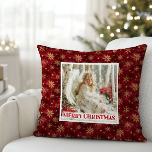 Cute Angel Poinsettia Red Gold Kids Gift Best Xmas Throw Pillow