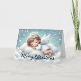 Cute Angel Sleeping on a Fluffy Cloud Holiday Card