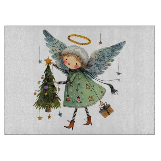 Cute Angel with a Christmas Tree Cutting Board (Front)