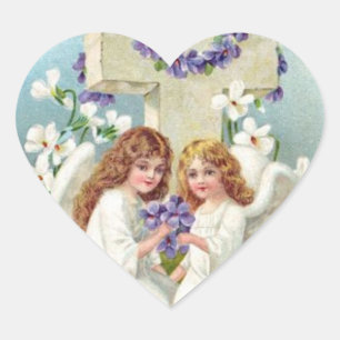 Cute Angels With Cross And Flowers. Heart Sticker