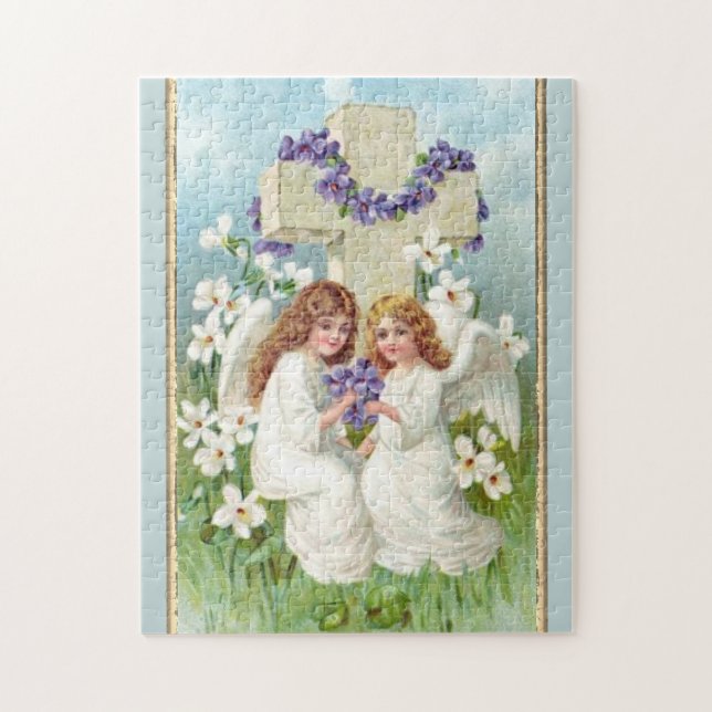 Cute Angels With Cross And Flowers Jigsaw Puzzle (Vertical)