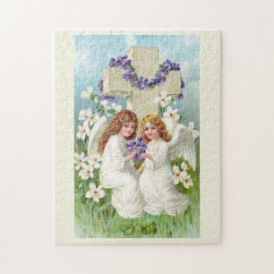 Cute Angels With Cross And Flowers Jigsaw Puzzle