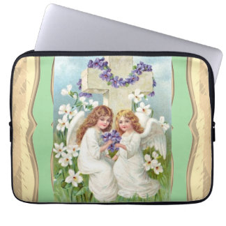Cute Angels With Cross And Flowers Laptop Sleeve
