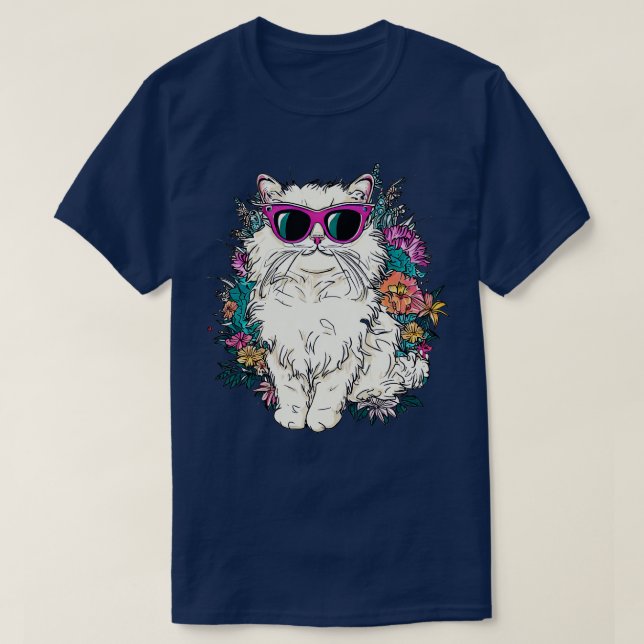Cute Angora cat and beautiful flowers T-Shirt (Design Front)