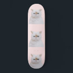 Cute Angry Fluffy Pink White Kitty Cat Portrait Skateboard<br><div class="desc">This cute and cuddly design is perfect for the kitty cat lover. It features a hand-painted white fluffy Himalayan kitten with bright blue eyes on top of a simple blush pink background. It's a modern, adorable, artsy, and trendy animal design. ***IMPORTANT DESIGN NOTE: For any custom design request such as...</div>