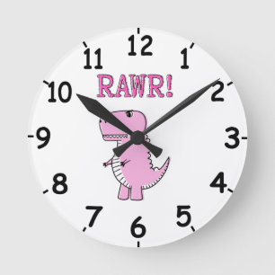 Cute Angry Pink Cartoon T-Rex Dino With Numbers Round Clock