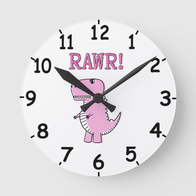 Cute Angry Pink Cartoon T-Rex Dino With Numbers Round Clock (Front)