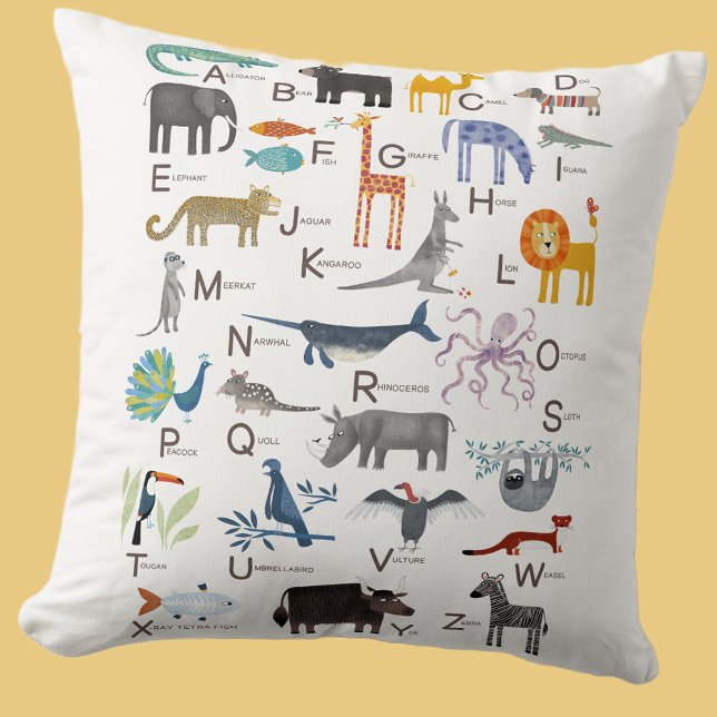 Cute Animal ABC Alphabet Kids Throw Pillow (Cute animal ABC alphabet pillow for newborn, boy or girl gender neutral nursery or kids room decor)