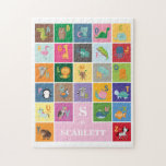 Cute Animal Alphabet Monogram Girl Custom Name Jigsaw Puzzle<br><div class="desc">This design features colourful alphabet with cute animals that represent each letter of the alphabet. Personalize it with your child's name by clicking the "Personalize"button.</div>