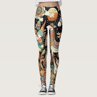cute animal and floral multielemental doodle leggings
