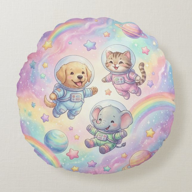 Cute Animal Astronauts Galaxy Round Throw Pillow (Front)