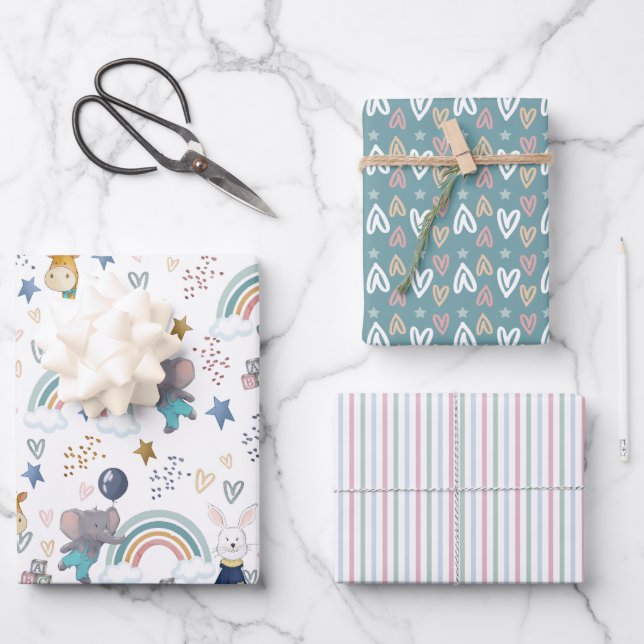 Cute Animal Babies Wrapping Paper Sheet (Front)
