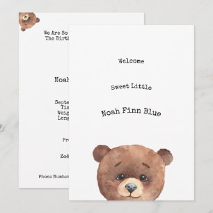 Cute Animal Brown Bear Sweet Baby Announcement