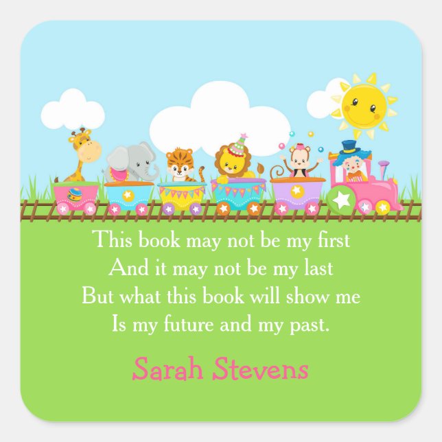 Cute Animal Circus Train in Pink Bookplate Sticker (Front)