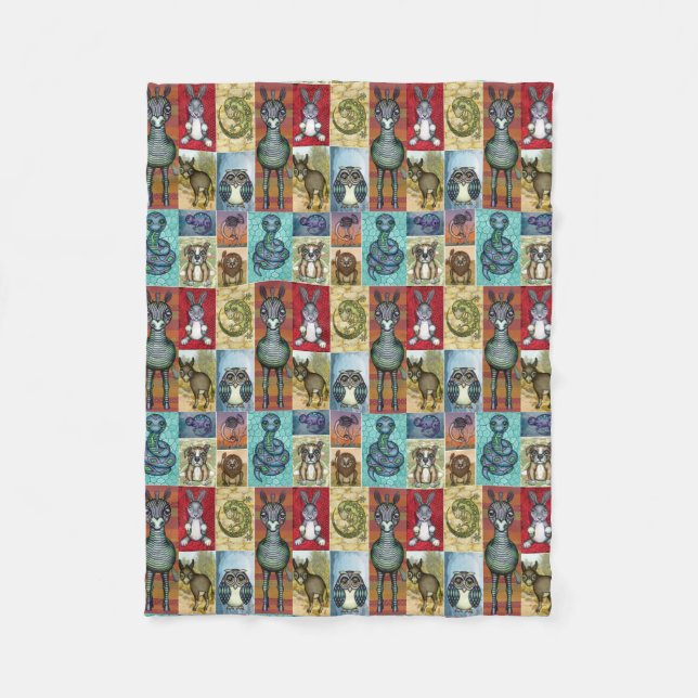 Cute Animal Collage Folk Art Design Fleece Blanket (Front)