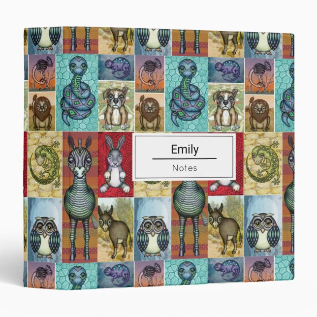 Cute Animal Collage Folk Art Design Personalized Binder (Front/Spine)