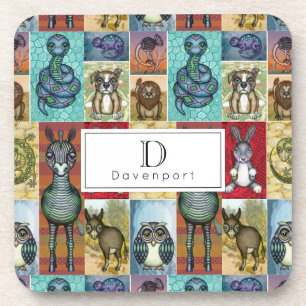 Cute Animal Collage Folk Art Design Personalized Coaster
