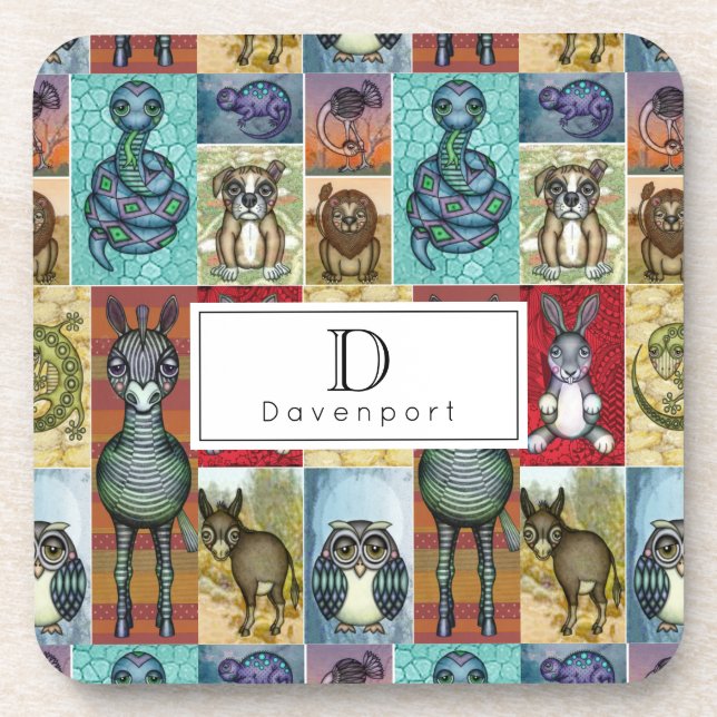 Cute Animal Collage Folk Art Design Personalized Coaster (Front)