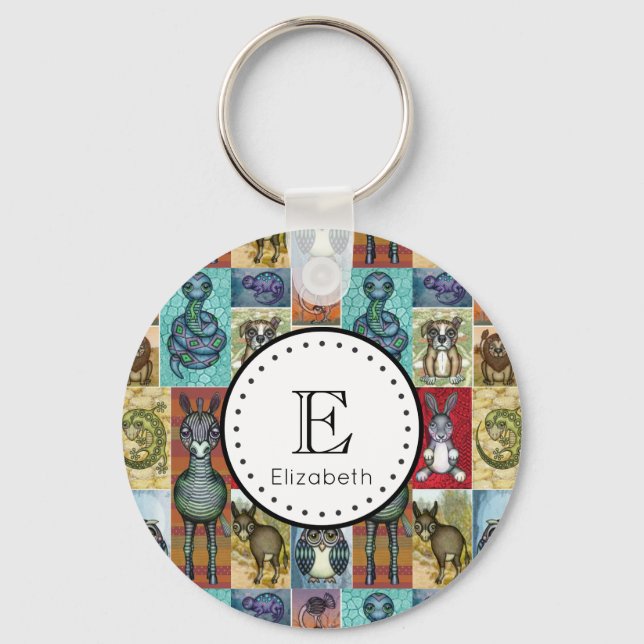 Cute Animal Collage Folk Art Design Personalized Keychain (Front)