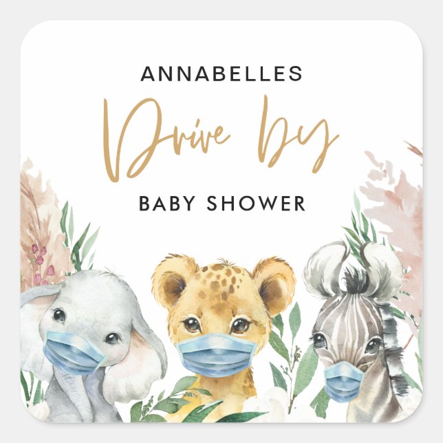 Cute animal covid mask drive by baby square sticker (Front)
