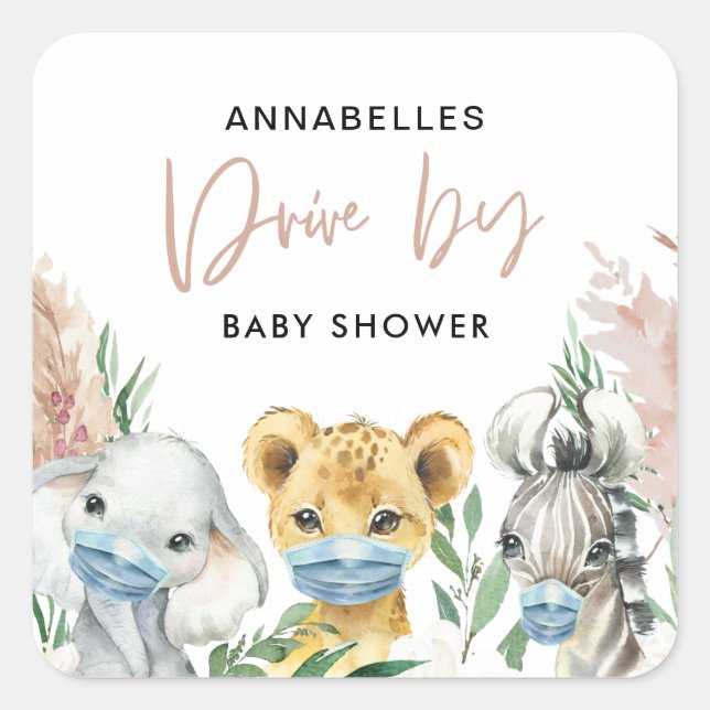 Cute animal covid mask drive by baby square sticker (Front)