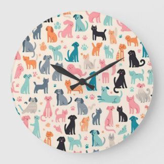 Cute Animal Designs Seamless Dog & Cat Pattern Large Clock