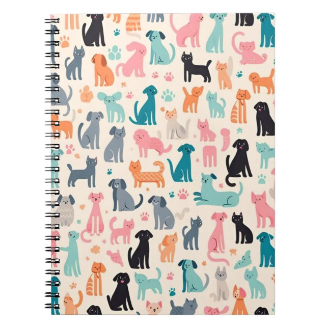 Cute Animal Designs Seamless Dog & Cat Pattern Notebook (Front)