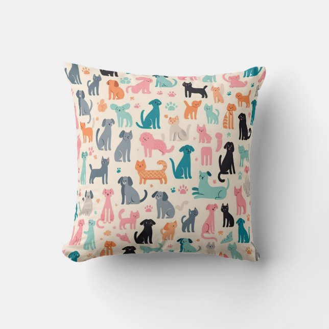Cute Animal Designs Seamless Dog & Cat Pattern Throw Pillow (Front)