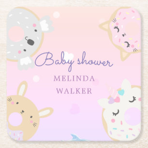 cute animal doughnuts monogram baby shower square paper coaster