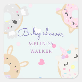 cute animal doughnuts monogram baby shower square sticker