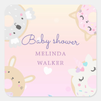 cute animal doughnuts monogram baby shower square sticker