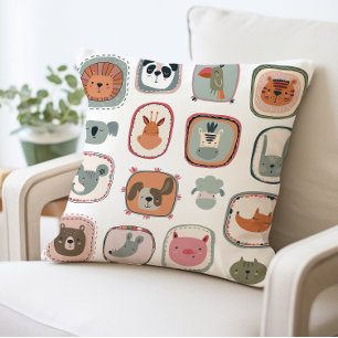 Cute Animal Faces Adorable Cartoon Fun Kids Throw Pillow