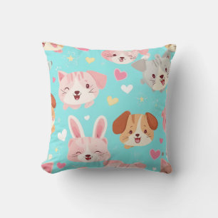 Cute Animal Faces and Pastel Hearts Throw Pillow