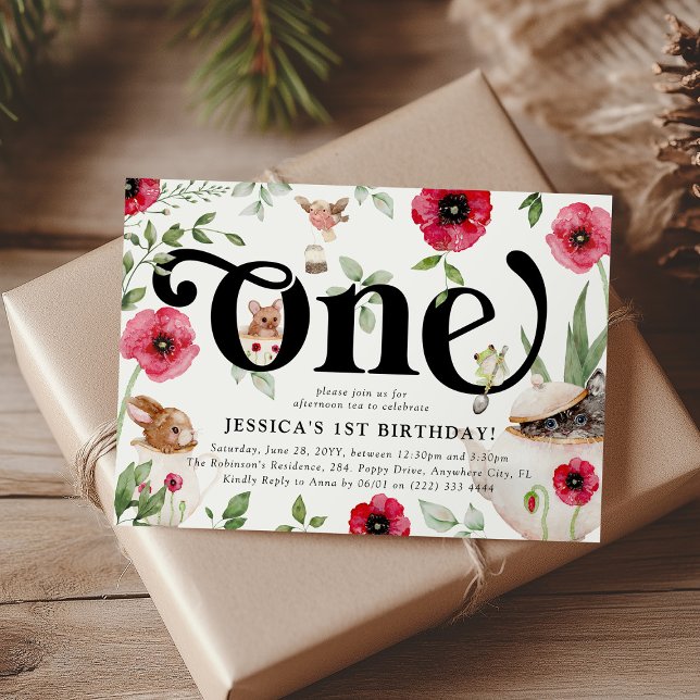 Cute Animal & Floral 'ONE' Tea Party 1st Birthday Invitation (Creator Uploaded)