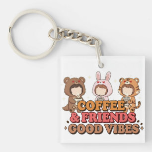 Cute Animal Friends Coffee Lovers Keychain