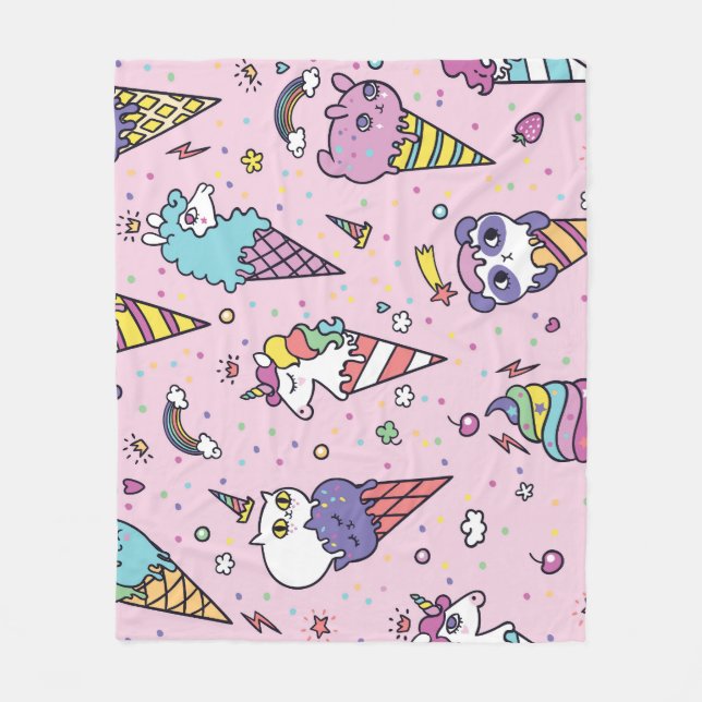 Cute Animal Ice Cream Cones Fleece Blanket (Front)