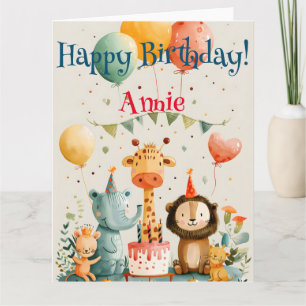 Cute animal kids design with birthday elements card