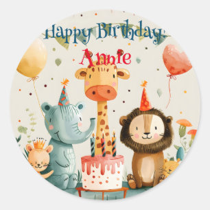 Cute animal kids design with birthday elements classic round sticker