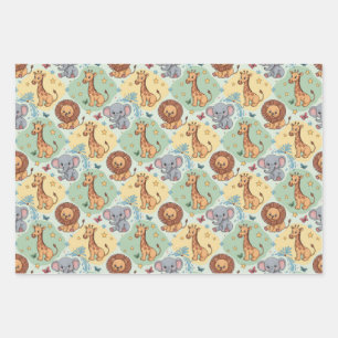 Cute animal pattern featuring lions, giraffes wrapping paper sheet