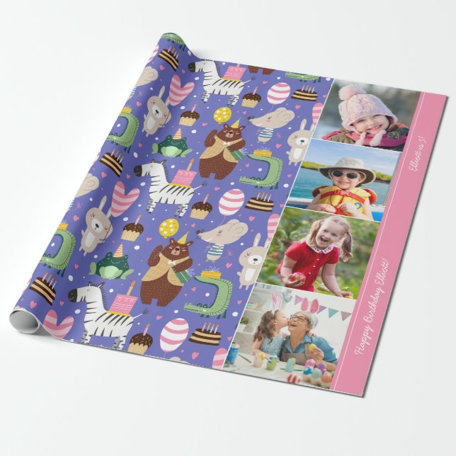 Cute Animal Pattern Happy Birthday Text + Photo Wrapping Paper (Unrolled)